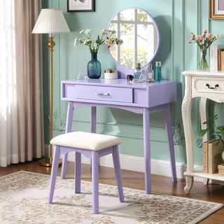 Sunvega Gold Modern Wood Vanity Set with Round Mirror and Matching Stool
