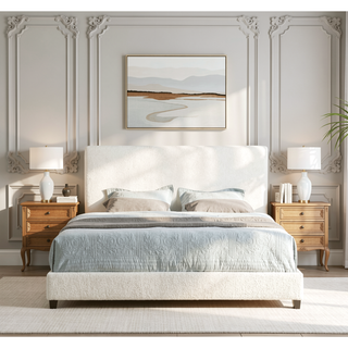 Sunvega King Size White Boucle Upholstered Platform Bed with Padded Headboard