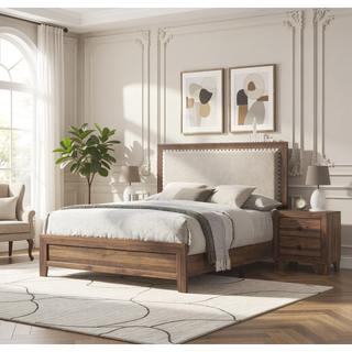 Sunvega Brown Cherry Finish Contemporary Fabric Panel Bed in One Box