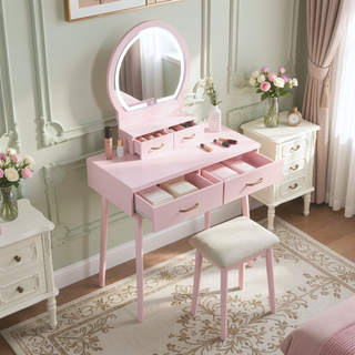Sunvega Pink Finish Vanity Dresser with Mirror and Stool Set LED Light