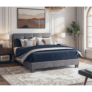 Sunvega Light Brown Velvet Upholstered Queen Platform Bed with Adjustable Height Headboard