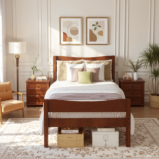 Sunvega Twin Size Wood Platform Bed with Headboard and Wooden Slat Support in Walnut