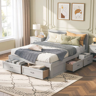 Sunvega Antique Natural Queen Size Platform Bed with 6 Spacious Storage Drawers