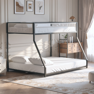 Sunvega Contemporary Twin Over Full Metal Bunk Bed with Reversible Ladder and Mesh Safety Rails