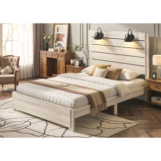Sunvega Traditional Rustic Style Weathered Cream White Full Size Platform Bed with Lamps