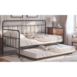 Sunvega Black Contemporary Twin Size Metal Daybed With Trundle And Pipe Framework