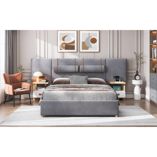 Sunvega Queen Upholstered Velvet Platform Bed with USB Ports and Storage Shelves