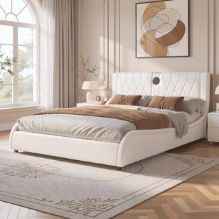 Sunvega Queen Size Faux Leather Platform Bed with RGB LED Lights Bluetooth Speakers
