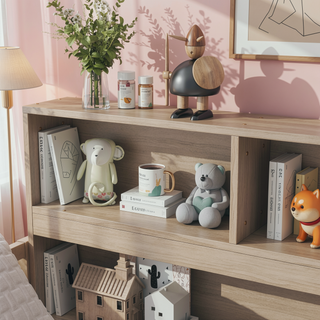 Sunvega Twin Floor Bed with Bedside Bookcase Guardrails and Shelves in Grey