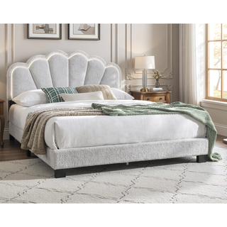 Sunvega White Queen Size Upholstered Wool Floral Headboard Bed with LED Lights
