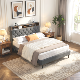 Sunvega Queen Size Upholstered Platform Bed Frame with USB Ports and Storage Headboard