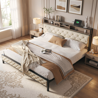 Sunvega King Size Platform Bed Frame with Charging Station and Upholstered Storage Headboard