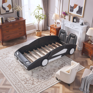 Sunvega Twin Size White Race Car Platform Bed with Wheels for Kids Bedroom