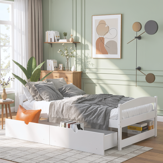Sunvega White Twin Size Platform Bed with Trundle and Headboard Footboard