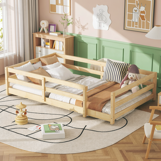 Sunvega Full Size Floor Bed with Fence for Kids Made of Sturdy Pine Wood