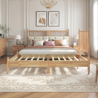 Sunvega Mid-Century Modern Design Full Platform Bed with Vertical Slats Headboard