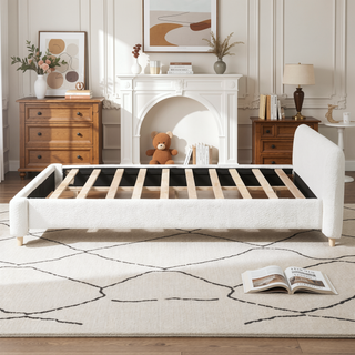 Sunvega Cozy White Bouce Upholstered Bed with Birch Wood Frame for Bedroom