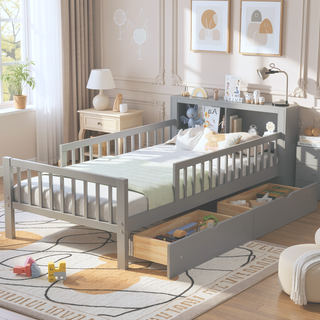Sunvega Twin Size Bed with Headboard Storage, Two Under-Bed Drawers, and Three-Side Guardrails