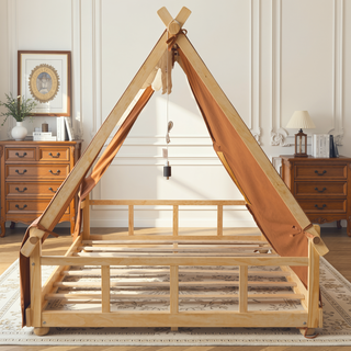 Sunvega Full Size Brown House Bed with Detachable Tent and Skylight for Kids
