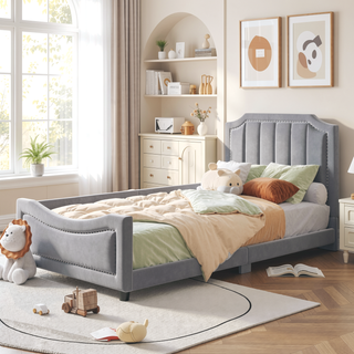 Sunvega Twin Size Upholstered Daybed with Stripe Headboard for Kids Bedroom