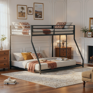 Sunvega Contemporary Twin Over Full Low Bunk Bed with Reversible Ladder in Matte Black