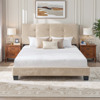 Sunvega Light Brown Velvet Upholstered Queen Platform Bed with Adjustable Height Headboard