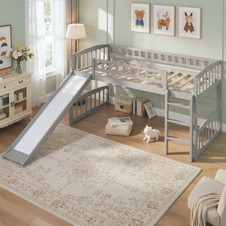 Sunvega Twin Size Loft Bed with Slide and Ladder for Kids Bedroom in Gray