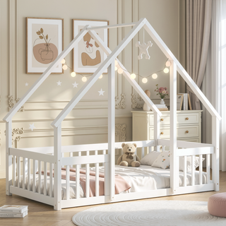Sunvega Twin Wood House Floor Bed with Guardrail Fence in Grey