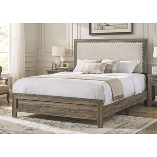 Sunvega Brown Cherry Finish Contemporary Fabric Panel Bed in One Box