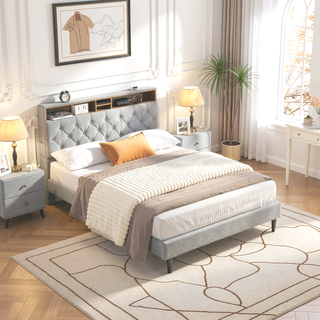 Sunvega Queen Size Upholstered Platform Bed Frame with USB Ports and Storage Headboard