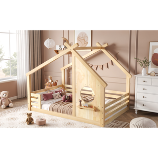 Sunvega White Twin House Floor Bed with Window and Shelf for Kids Room