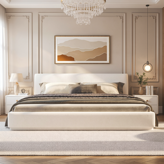Sunvega Upholstered Bed with Padded Headboard and Wooden Slat Frame in White