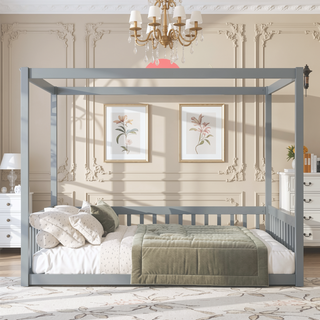 Sunvega Wooden Canopy Frame Floor Bed with Guardrails for Safety and Privacy