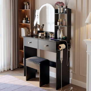 Sunvega 17 Inch Round LED Vanity Table Set with Cushioned Stool and Touch Control Mirror