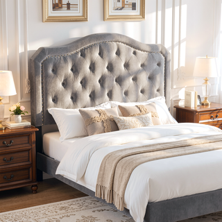 Sunvega Black Velvet Queen Upholstered Bed with Button Tufted Curve Design and LED Lights