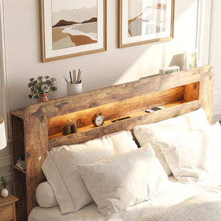 Sunvega Queen Bed Frame with Storage Headboard USB Ports and Vintage Shelf Design