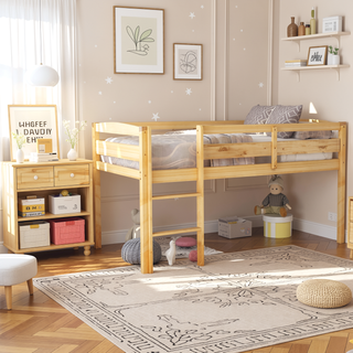 Sunvega Low Twin Wood Loft Bed with Ladder in Walnut for Kids Bedroom
