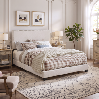 Sunvega Guyancourt Charcoal Upholstered Eastern King Panel Bed with Nailhead Trim
