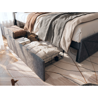 Sunvega Queen Upholstered Bed Frame with Headboard LED Lights Charging Station and 4 Storage Drawers