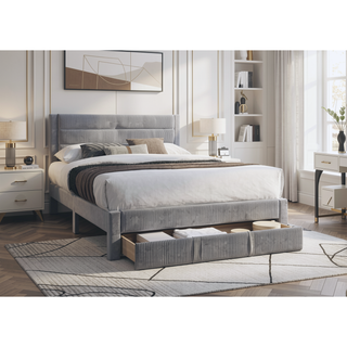 Sunvega Modern Gray Corduroy Upholstered Headboard Queen Size Bed with Storage Drawer