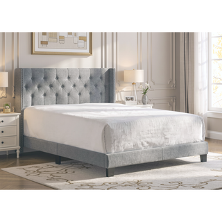 Sunvega Gray Polyester Fabric Wingback Bed with Button-tufted Details and Nailhead Trim