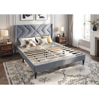 Sunvega Modern Gray Velvet Upholstered Queen Size Bed with Clean Lines Headboard