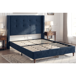 Sunvega Blue Velvet King Bed with Nailhead Trim Wingback and Buttoned Tufting