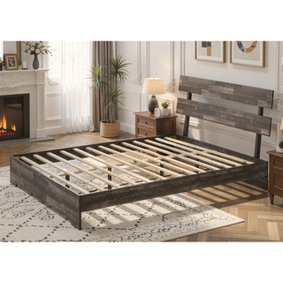 Sunvega Rustic Queen Platform Bed Slat Headboard with Brown Finish Wood Veneers