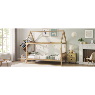 Sunvega Twin Rubber Wood House Bed with Headboard and Footboard in Light Grey