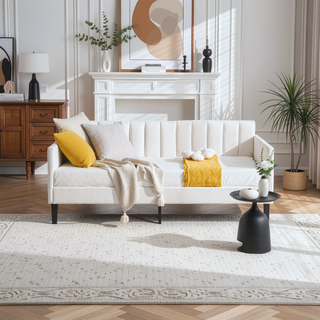 Sunvega Twin Size Beige Velvet Upholstered Daybed with Ribbed Tufted Backrest