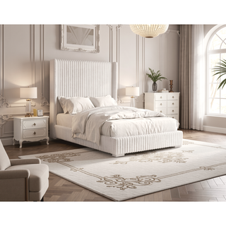 Sunvega Contemporary White Fur Chenille Fabric Mattress Ready Queen Size Bed