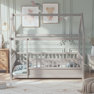 Sunvega Twin Size Floor Wooden Bed with House Roof Frame and Fence Guardrails