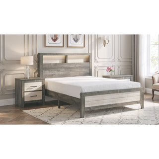 Sunvega King Size Platform Storage Bed with Plank-style Headboard and Built-in Lighting