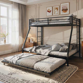 Sunvega High-Stability Square Tube Bunk Bed with Ladder & Rolling Trundle for Home Dormitory